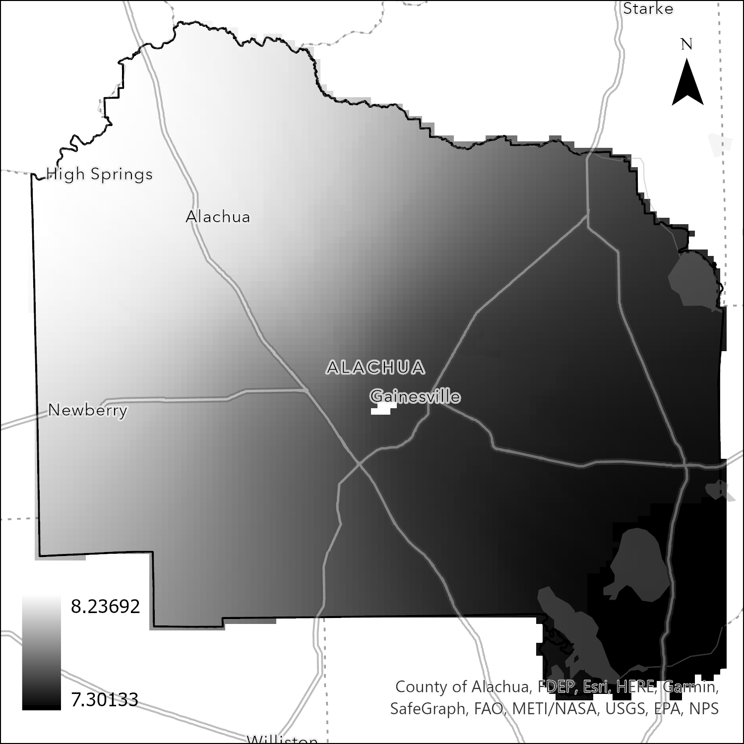 Spatial variation of model intercept mapped