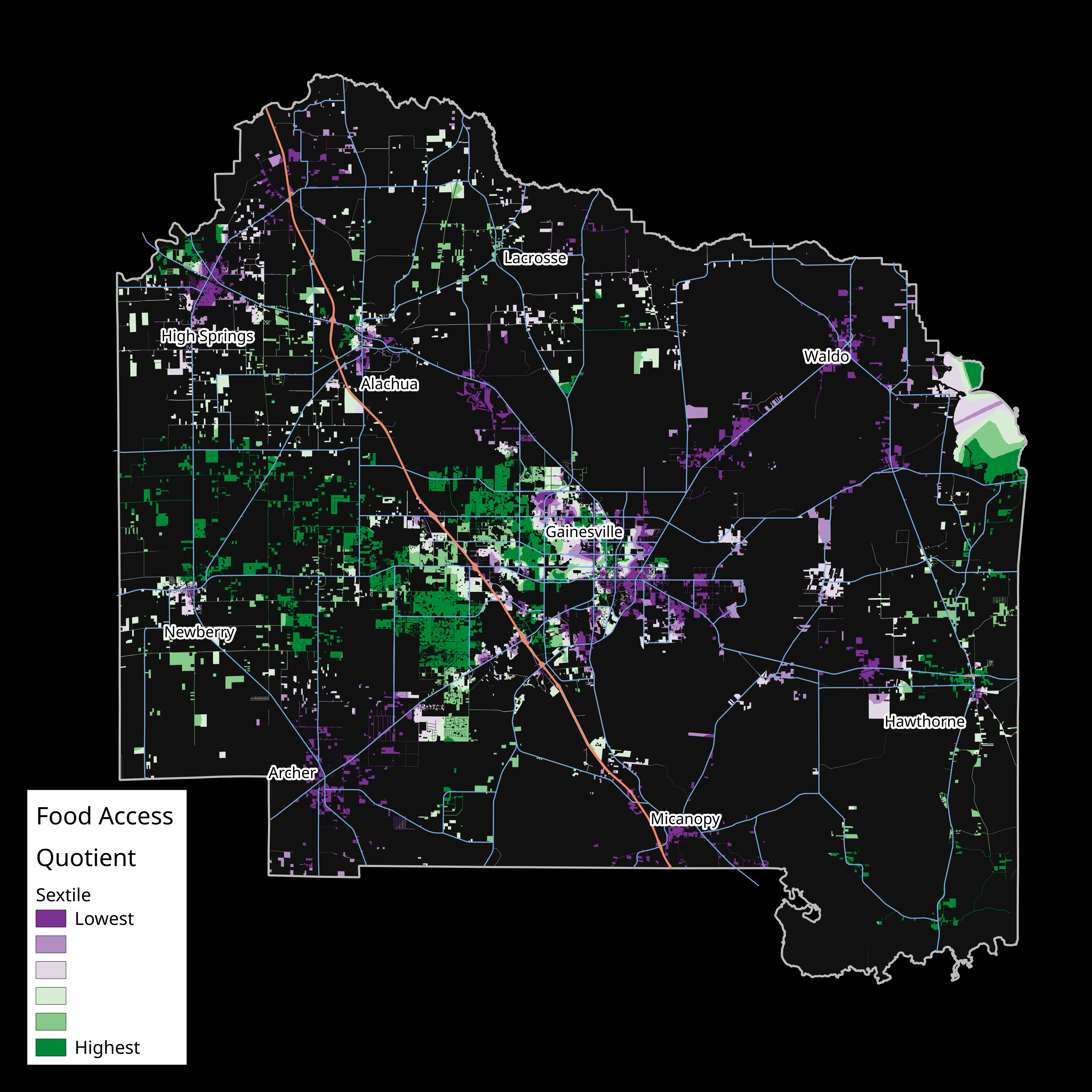 Food access quotients in Alachua County