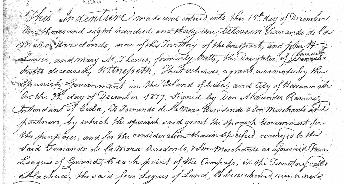 Clip of deed from Arredondo to Lewis